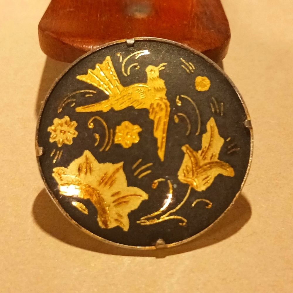 Vintage Damascene Gold Inlay Bird And  Flowers Round Brooch Pendant Pin